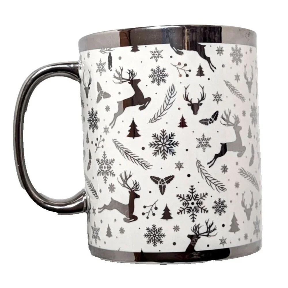 Camila Silver Reindeer Coffee Mug Snowflake on White Polish Free Finish Holiday